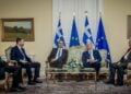 Εικόνα από το Προεδρικό Μέγαρο και τη συνάντηση του Κωσταντίνου Τασούλα με τους πολιτικούς αρχηγούς και εκπροσώπους των κομμάτων, για την 52η επέτειο της αποκατάστασης της Δημοκρατίας (φωτ.: Γιάννης Παναγόπουλος / EUROKINISSI)