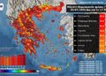 Η χωρική κατανομή των μέγιστων θερμοκρασιών έως τις 17:30 το απόγευμα, καθώς και οι 8 σταθμοί που κατέγραψαν τις υψηλότερες τιμές στην επικράτεια, αποτυπώνονται στον σχετικό χάρτη και τον πίνακα που δημοσιοποίησε το Εθνικό Αστεροσκοπείο Αθηνών (πηγή: ΜΕΤΕΟ/ΕΑΑ)