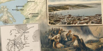 Ο χάρτης της περιοχής του Αϊβαλίου και το επιστολικό δελτάριο που δείχνει την πόλη προέρχονται από το αρχείο της Εγκυκλοπαίδειας Μείζονος Ελληνισμού. Κάτω, ο χάρτης που δείχνει τη Μάχη των Δερβενακίων και μέρος του πίνακα που δημιούργησε ο Θεόδωρος Βρυζάκης. Η σύνθεση της εικόνας έγινε με τη βοήθεια της Τεχνητής Νοημοσύνης
