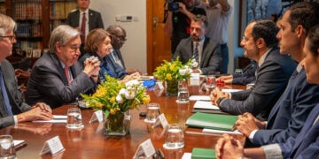 Ο Γενικός Γραμματέας του ΟΗΕ Αντόνιο Γκουτέρες κατά τη συνάντησή του με τον Πρόεδρο της Κυπριακής Δημοκρατίας Νίκο Χριστοδουλίδη, στη Λευκωσία. Τρίτη 28 Ιουλίου 2026 (φωτ.: Χ / UN Cyprus)
