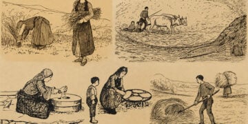Σύνθεση σκίτσων του Χρήστου Γ. Δημάρχου για τις αγροτικές εργασίες του Ιουλίου (πηγή: Επιτροπή Ποντιακών Μελετών)
