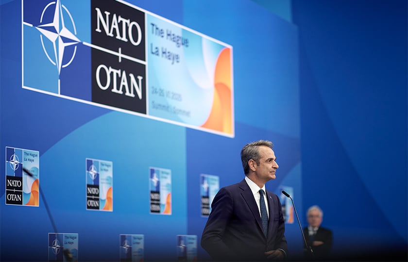 Ο Κυριάκος Μητσοτάκης στην Σύνοδο Κορυφής του ΝΑΤΟ στη Χάγη, Τετάρτη 25 Ιουνίου 2025 (φωτ.: Γραφείο Τύπου Πρωθυπουργού / Δημήτρης Παπαμήτσος)
