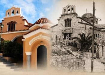 Κολάζ φωτογραφιών από το εξωτερικό της Παντοβασίλισσας στη Ραφήνα όπως είναι σήμερα (αριστερά) και κατά τη φάση της ανέγερσής της (δεξιά) (φωτ.: pantovasilissa.gr)
