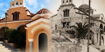 Κολάζ φωτογραφιών από το εξωτερικό της Παντοβασίλισσας στη Ραφήνα όπως είναι σήμερα (αριστερά) και κατά τη φάση της ανέγερσής της (δεξιά) (φωτ.: pantovasilissa.gr)
