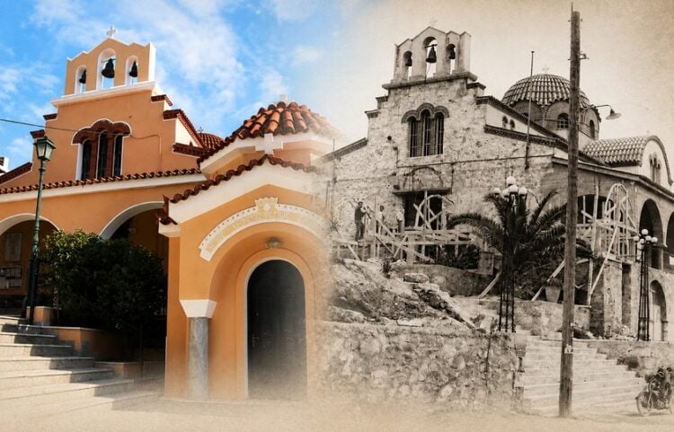 Κολάζ φωτογραφιών από το εξωτερικό της Παντοβασίλισσας στη Ραφήνα όπως είναι σήμερα (αριστερά) και κατά τη φάση της ανέγερσής της (δεξιά) (φωτ.: pantovasilissa.gr)