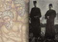 Γιάννης Τσαρούχης και Φώτης Κόντογλου με ράσα, στη Μονή Βαρλαάμ στα Μετέωρα (πηγή: Instagram / yannis_tsarouchis_foundation). Δίπλα λεπτομέρεια από το έργο του Κόντογλου «Οι Άγιοι Σαράντα ή Σαράντα Μάρτυρες» (πηγή: Εθνική Πινακοθήκη)