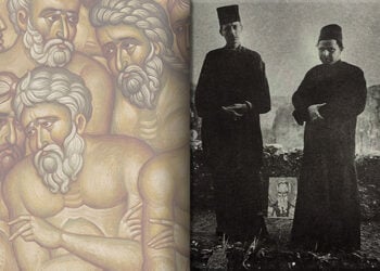 Γιάννης Τσαρούχης και Φώτης Κόντογλου με ράσα, στη Μονή Βαρλαάμ στα Μετέωρα (πηγή: Instagram / yannis_tsarouchis_foundation). Δίπλα λεπτομέρεια από το έργο του Κόντογλου «Οι Άγιοι Σαράντα ή Σαράντα Μάρτυρες» (πηγή: Εθνική Πινακοθήκη)