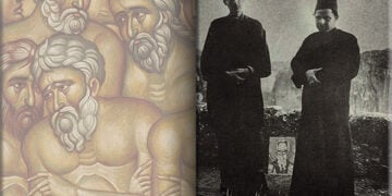 Γιάννης Τσαρούχης και Φώτης Κόντογλου με ράσα, στη Μονή Βαρλαάμ στα Μετέωρα (πηγή: Instagram / yannis_tsarouchis_foundation). Δίπλα λεπτομέρεια από το έργο του Κόντογλου «Οι Άγιοι Σαράντα ή Σαράντα Μάρτυρες» (πηγή: Εθνική Πινακοθήκη)