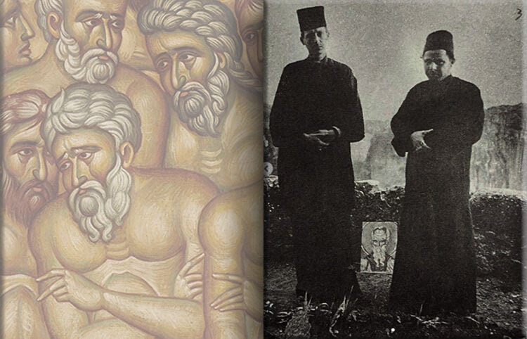 Γιάννης Τσαρούχης και Φώτης Κόντογλου με ράσα, στη Μονή Βαρλαάμ στα Μετέωρα (πηγή: Instagram / yannis_tsarouchis_foundation). Δίπλα λεπτομέρεια από το έργο του Κόντογλου «Οι Άγιοι Σαράντα ή Σαράντα Μάρτυρες» (πηγή: Εθνική Πινακοθήκη)