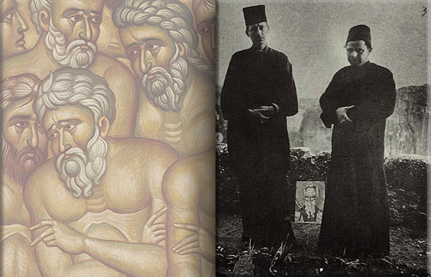 Γιάννης Τσαρούχης και Φώτης Κόντογλου με ράσα, στη Μονή Βαρλαάμ στα Μετέωρα (πηγή: Instagram / yannis_tsarouchis_foundation). Δίπλα λεπτομέρεια από το έργο του Κόντογλου «Οι Άγιοι Σαράντα ή Σαράντα Μάρτυρες» (πηγή: Εθνική Πινακοθήκη)