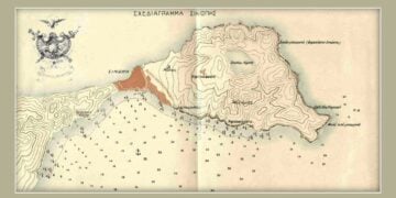 Το σχεδιάγραμμα της Σινώπης όπως το σχεδίασαν αξιωματικοί του Ελληνικού
Στρατού οι οποίοι έλαβαν μέρος στη Μικρασιατική Εκστρατεία. Πάνω αριστερά διακρίνεται ο λογότυπος της Χαρτογραφικής Υπηρεσίας του Στρατού (πηγή: Α. Ν. Αναγνωστόπουλος,
«Γεωγραφία της Ανατολής,» Τ. 1, Eν Αθήναις, 1922 / Βιβλιοθήκη του Μεγάρου Σισμανόγλειου
στην Κωνσταντινούπολη) Εικ.: Αλεξία Ιωαννίδου