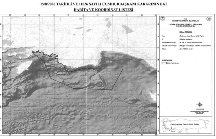 Ο χάρτης δείχνει το «Θαλάσσιο Εθνικό Πάρκο Φέτιγιε-Κας». Το πάρκο εκτείνεται στις επαρχίες Μούγλων και Αττάλειας και καλύπτει έκταση 21.706,03 τετραγωνικών χιλιομέτρων (πηγή: resmigazete.gov.tr)