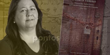 Η Φατμά Μιουγκέ Γκιοτσέκ και το εξώφυλλο του βιβλίου της (εικ.: Χριστίνα Κωνσταντάκη)