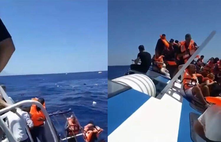 Επιβαίνοντες με σωσίβια, κατά τη διάρκεια της επιχείρησης διάσωσης ανοιχτά της κατεχόμενης Κερύνειας (φωτ.: Takvim / στιγμιότυπο από βίντεο)