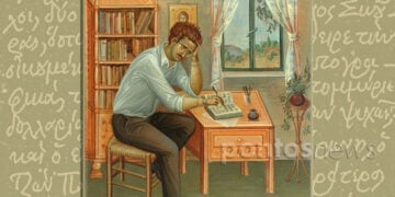 Κόντογλου διά χειρός Κόντογλου, και στο φόντο τμήμα χειρογράφου του (εικ.: Χριστίνα Κωνσταντάκη)
