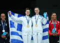 Η Ελένη Κοροκοζίδη και η Μάρθα Ματούλα στο πρώτο σκαλί του βάθρου των Μεσογειακών Αγώνων 2026 (φωτ.: EUROKINISSI)