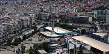 Εναέρια λήψη των εγκαταστάσεων της ΔΕΘ ενόψει της 90ής Διεθνούς Έκθεσης Θεσσαλονίκης, Πέμπτη 13 Αυγούστου 2026 (φωτ.: ΑΠΕ-ΜΠΕ / Γιάννης Παπανίκος)