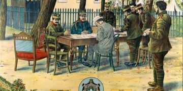 Το ελληνικό Γενικό Στρατηγείο στο Χατζή Μπεϊλίκ, τον Ιούλιο του 1913. Διακρίνονται ο βασιλιάς Κωνσταντίνος, ο Ελευθέριος Βενιζέλος και ο Ιωάννης Μεταξάς, λίγα χρόνια πριν από τη ρήξη του Εθνικού Διχασμού (πηγή: Wikimedia Commons / λιθογραφία του Δημήτριου Παπαδημητρίου)
