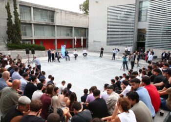 Εικόνα από την εκδήλωση της ΟΝΝΕΔ στη Θεσσαλονίκη με θέμα «Η Θεσσαλονίκη κινείται», όπου ο υπουργός Υποδομών και Μεταφορών Χρίστος Δήμας μίλησε για τα έργα του Μετρό και τον Flyοver (φωτ.: Νάσος Σιμόπουλος/Eurokinissi)