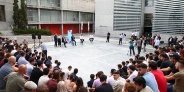 Εικόνα από την εκδήλωση της ΟΝΝΕΔ στη Θεσσαλονίκη με θέμα «Η Θεσσαλονίκη κινείται», όπου ο υπουργός Υποδομών και Μεταφορών Χρίστος Δήμας μίλησε για τα έργα του Μετρό και τον Flyοver (φωτ.: Νάσος Σιμόπουλος/Eurokinissi)