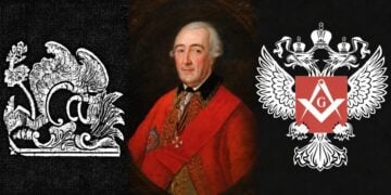 Σύνθεση εικόνας με τον Πιοτρ Ιβάνοβιτς Μελισσηνό, τον λογότυπο του Σώματος Πυροβολικού και Μηχανικού Ευγενών Δοκίμων και τον σύγχρονο λογότυπο της Μεγάλης Στοάς της Ρωσίας