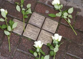 Λευκά τριαντάφυλλα σε «Stolpersteine» (λιθόστρωτα μνήμης), στο Ντόρστεν της Γερμανίας (φωτ. αρχείου: EPA/ Christopher Neundorf)