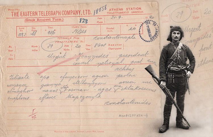 Το χειρόγραφο τηλεγράφημα σε έντυπο της Eastern Telegraph Company, με το μήνυμα γραμμένο με μολύβι και λατινικούς χαρακτήρες. Ο ένοπλος είναι ο Τοπάλ Οσμάν (πηγή: Ψηφιομνήμων ΑΠΘ / Εύξεινος Λέσχη Θεσσαλονίκης· εικ.: pontosnews.gr)