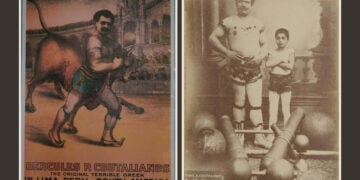 Παναής Κουταλιανός με ένα από τα παιδιά του και, αριστερά, αφίσα εμφάνισής του στη Λίμα του Περού το 1878 (φωτ.: Ιστορικό Μουσείο / Ιστορία Βορείου Αιγαίου – Περιφέρεια Βορείου Αιγαίου)