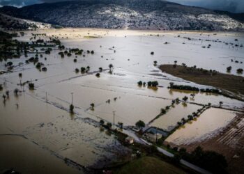 Εναέρια εικόνα της καταστροφής στο Οροπέδιο Λασιθίου μετά τις ισχυρές πλημμύρες (φωτ.: Αντώνης Ζουριδάκης/EUROKINISSI)