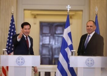Στιγμιότυπο από τη συνάντηση του υπουργου Εξωτερικών Γιώργου Γεραπετρίτη με τον Αμερικανό ομόλογό του Μάρκο Ρούμπιο, στο ΥΠΕΞ (φωτ.: Γιάννης Παναγόπουλος/ EUROKINISSI)