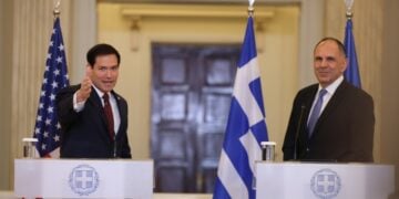Στιγμιότυπο από τη συνάντηση του υπουργου Εξωτερικών Γιώργου Γεραπετρίτη με τον Αμερικανό ομόλογό του Μάρκο Ρούμπιο, στο ΥΠΕΞ (φωτ.: Γιάννης Παναγόπουλος/ EUROKINISSI)