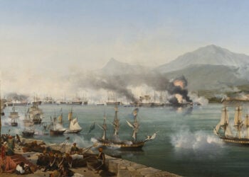 Η ναυμαχία του Ναυαρίνου σε ελαιογραφία του Αμπρουάζ Λουί Γκαρνερέ, έργο του 1827-1830. Οι στόλοι της Βρετανίας, της Γαλλίας και της Ρωσίας κατέστρεψαν τον οθωμανοαιγυπτιακό στόλο στις 20 Οκτωβρίου 1827 (πηγή: Συλλογές Βερσαλλιών / Wikimedia Commons)