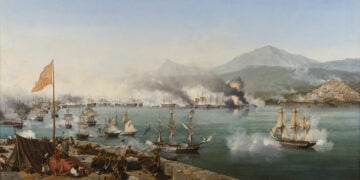 Η ναυμαχία του Ναυαρίνου σε ελαιογραφία του Αμπρουάζ Λουί Γκαρνερέ, έργο του 1827-1830. Οι στόλοι της Βρετανίας, της Γαλλίας και της Ρωσίας κατέστρεψαν τον οθωμανοαιγυπτιακό στόλο στις 20 Οκτωβρίου 1827 (πηγή: Συλλογές Βερσαλλιών / Wikimedia Commons)