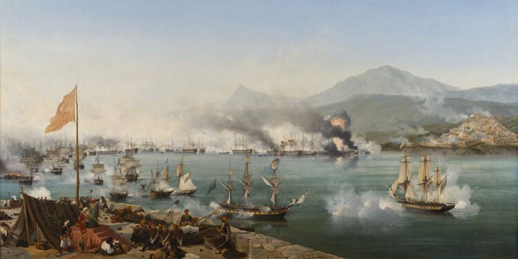 Η ναυμαχία του Ναυαρίνου σε ελαιογραφία του Αμπρουάζ Λουί Γκαρνερέ, έργο του 1827-1830. Οι στόλοι της Βρετανίας, της Γαλλίας και της Ρωσίας κατέστρεψαν τον οθωμανοαιγυπτιακό στόλο στις 20 Οκτωβρίου 1827 (πηγή: Συλλογές Βερσαλλιών / Wikimedia Commons)