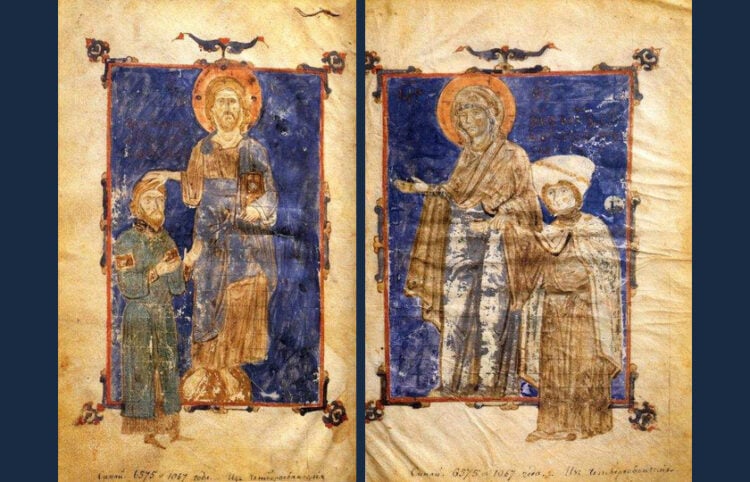 Ο Χριστός ευλογεί στον Άγιο Θεόδωρο Γαβρά και η Παναγία παρουσιάζει την Ειρήνη Γαβρά στον Χριστό. Από πολυτελές τετραευάγγελο του 1067, μία από τις πρωιμότερες κτητορικές παραστάσεις στην ιστορία της βυζαντινής τέχνης, σύμφωνα με την Ελένη Μπαρμπαρίτσα. Το κειμήλιο φυλάσσεται στην Εθνική Βιβλιοθήκη της Ρωσίας, στην Αγία Πετρούπολη