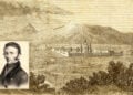 Το Αραράτ και η μονή του Ετσμιατζίν, σε σύνθεση βασισμένη σε χαρακτικό του βιβλίου «Journey to Ararat» και σε λιθογραφικό πορτρέτο του Φρίντριχ Πάροτ, έργο του Alexander Julius Klünder (εικ.: Wikimedia Commons)