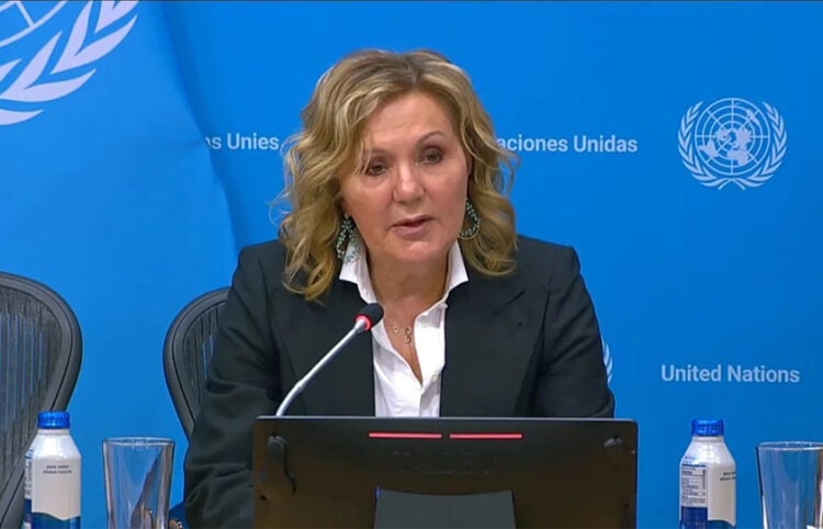 Η Αγλαΐα Μπαλτά κατά τη διάρκεια της συνέντευξης Τύπου για την ανάληψη της προεδρίας του Συμβουλίου του ΟΗΕ από την Ελλάδα (πηγή: UN)