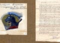 Το διασωθέν τεμάχιο της σημαίας του 23ου Συντάγματος Πεζικού Χίου και η υπογεγραμμένη έκθεση του Ιωάννη Νικ. Μαρή (πηγή: Αρχείο Δημόσιας Κεντρικής Ιστορικής Βιβλιοθήκης Χίου «Κοραής»)
