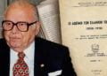 Ο Πολυχρόνης Ενεπεκίδης σε σύνθεση με τη σελίδα τίτλου της μελέτης του «Οι διωγμοί των Ελλήνων του Πόντου (1908-1918)», που εκδόθηκε στην Αθήνα το 1962 (σύνθεση: pontosnews.gr)