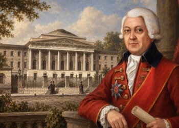 Σύνθεση ΑΙ του παλιού κτηρίου του Πανεπιστημίου Μόσχας με την εικόνα του Ιβάν Μελισσηνού
