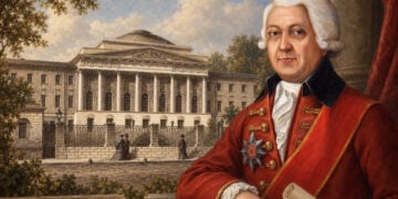 Σύνθεση ΑΙ του παλιού κτηρίου του Πανεπιστημίου Μόσχας με την εικόνα του Ιβάν Μελισσηνού