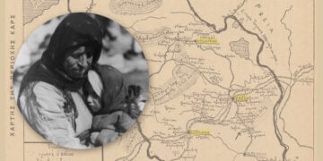 Σύνθεση με χάρτη της περιοχής του Καρς και αρχειακή φωτογραφία Ελληνίδας μητέρας από το Καρς με το παιδί της, σε καταυλισμό της Θεσσαλονίκης (πηγές: Ποντιακή Εστία, τόμος 1975, τ. 4 / Βιβλιοθήκη του Κογκρέσου)