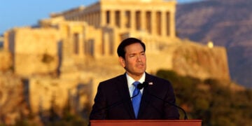 Ο Μάρκος Ρούμπιο κατά τη διάρκεια της ομιλίας του από το λόφο της Πνύκας. Τετάρτη 7 Οκτωβρίου 2026 (φωτ.: ΑΠΕ-ΜΠΕ / Αλέξανδρος Βλάχος / POOL)
