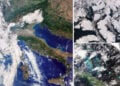 Σύνθεση από τις πρώτες εικόνες του Sentinel-3C: αριστερά η Ιταλία και η κεντρική Ευρώπη, επάνω δεξιά η καναδική Αρκτική και κάτω δεξιά οι Μπαχάμες και η Κούβα. Οι λήψεις έγιναν στις 29 και 30 Σεπτεμβρίου 2026 (φωτ.: Copernicus Sentinel 2026 / επεξεργασία ESA)