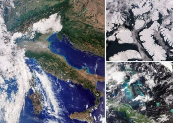 Σύνθεση από τις πρώτες εικόνες του Sentinel-3C: αριστερά η Ιταλία και η κεντρική Ευρώπη, επάνω δεξιά η καναδική Αρκτική και κάτω δεξιά οι Μπαχάμες και η Κούβα. Οι λήψεις έγιναν στις 29 και 30 Σεπτεμβρίου 2026 (φωτ.: Copernicus Sentinel 2026 / επεξεργασία ESA)