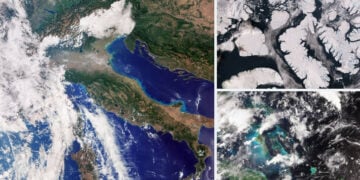 Σύνθεση από τις πρώτες εικόνες του Sentinel-3C: αριστερά η Ιταλία και η κεντρική Ευρώπη, επάνω δεξιά η καναδική Αρκτική και κάτω δεξιά οι Μπαχάμες και η Κούβα. Οι λήψεις έγιναν στις 29 και 30 Σεπτεμβρίου 2026 (φωτ.: Copernicus Sentinel 2026 / επεξεργασία ESA)