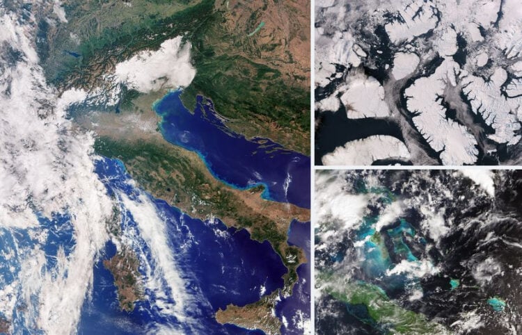 Σύνθεση από τις πρώτες εικόνες του Sentinel-3C: αριστερά η Ιταλία και η κεντρική Ευρώπη, επάνω δεξιά η καναδική Αρκτική και κάτω δεξιά οι Μπαχάμες και η Κούβα. Οι λήψεις έγιναν στις 29 και 30 Σεπτεμβρίου 2026 (φωτ.: Copernicus Sentinel 2026 / επεξεργασία ESA)