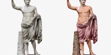 Το μαρμάρινο άγαλμα του Τιβέριου (αριστερά) και η έγχρωμη ανακατασκευή του με ροζ μανδύα (δεξιά) (φωτ.: Ny Carlsberg Glyptotek)