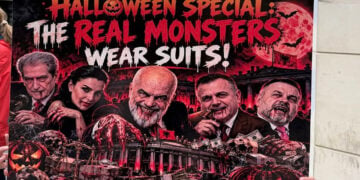 Πανό εμπνευσμένο από το Halloween στη φοιτητική διαδήλωση στα Τίρανα, Σάββατο 31 Οκτωβρίου 2026 (πηγή: Χ / Tirana Report)