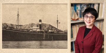 Το ιαπωνικό πλοίο «Tokei Maru» και η ιστορικός Νανάκο Μουράτα-Σαουαγιανάγκι (φωτ.: Αρχείο Νανάκο Μουράτα-Σαουαγιανάγκι / σύνθεση pontosnews.gr)